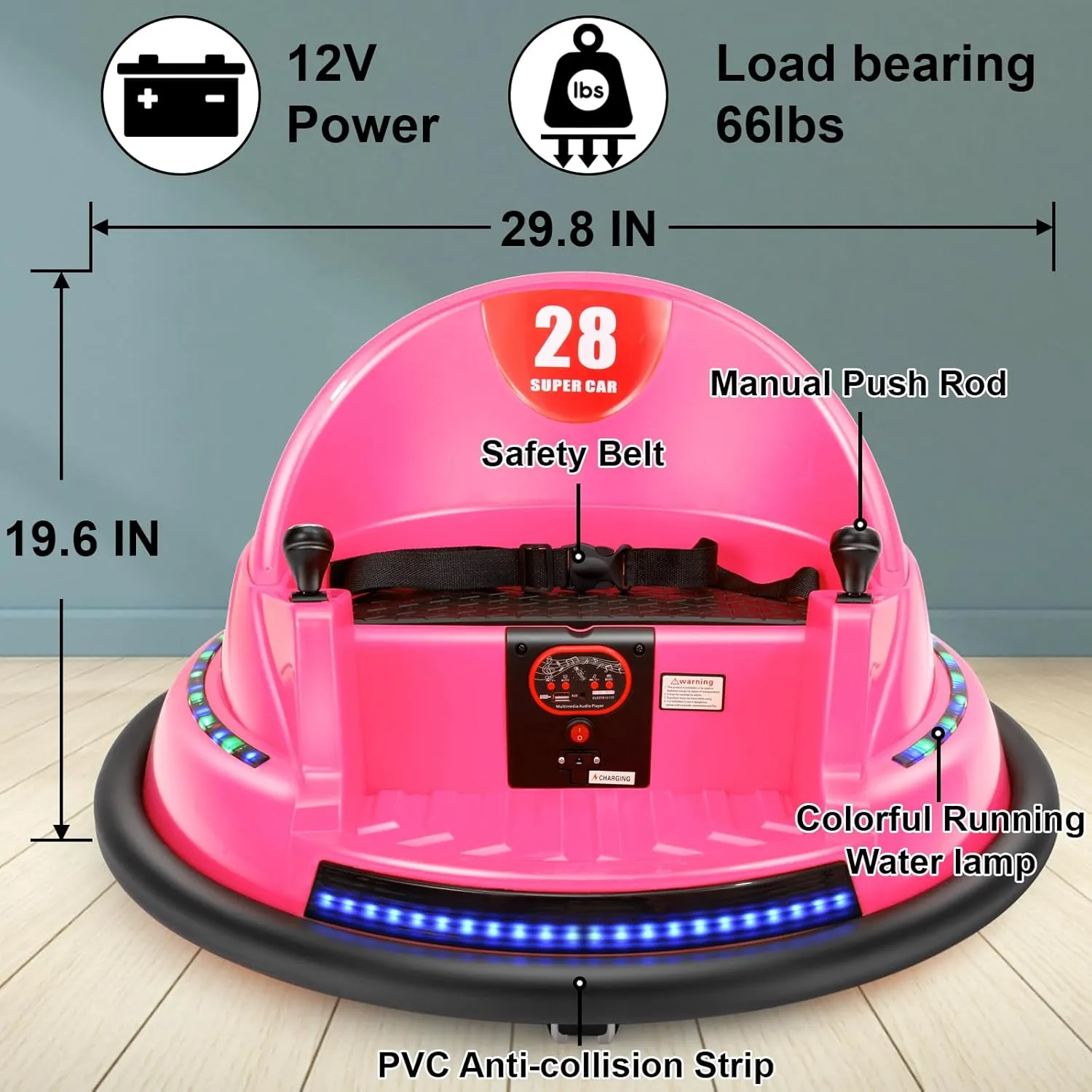 Electric Ride On Bumper Car Kids 12V 3-Speeds for Toddlers, 1.5-8 Years Old Baby Bumping Toy Cars, DIY Sticker Baby Toy Gifts, Remote Control, Bluetooth, 360 Spin ASTM-Certified Pink