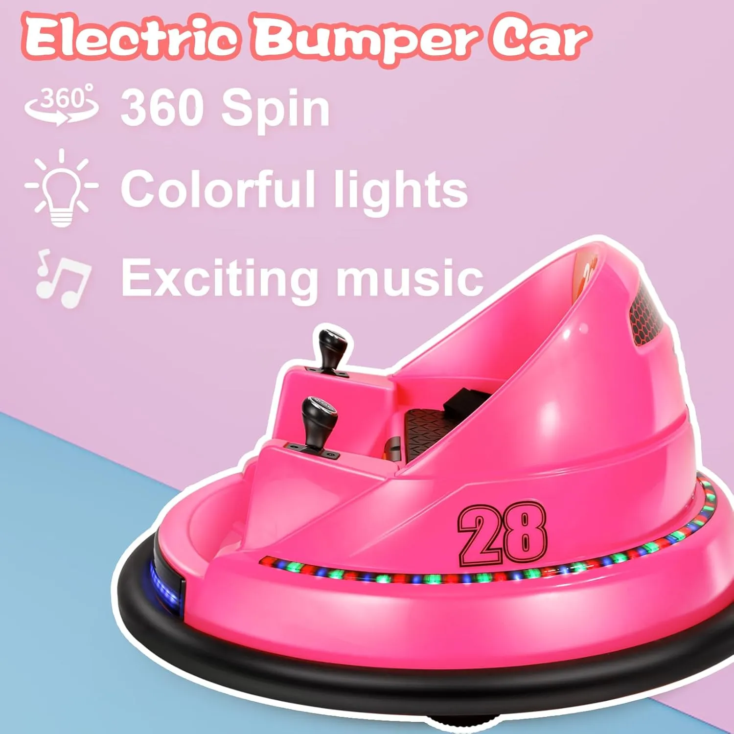 Electric Ride On Bumper Car Kids 12V 3-Speeds for Toddlers, 1.5-8 Years Old Baby Bumping Toy Cars, DIY Sticker Baby Toy Gifts, Remote Control, Bluetooth, 360 Spin ASTM-Certified Pink