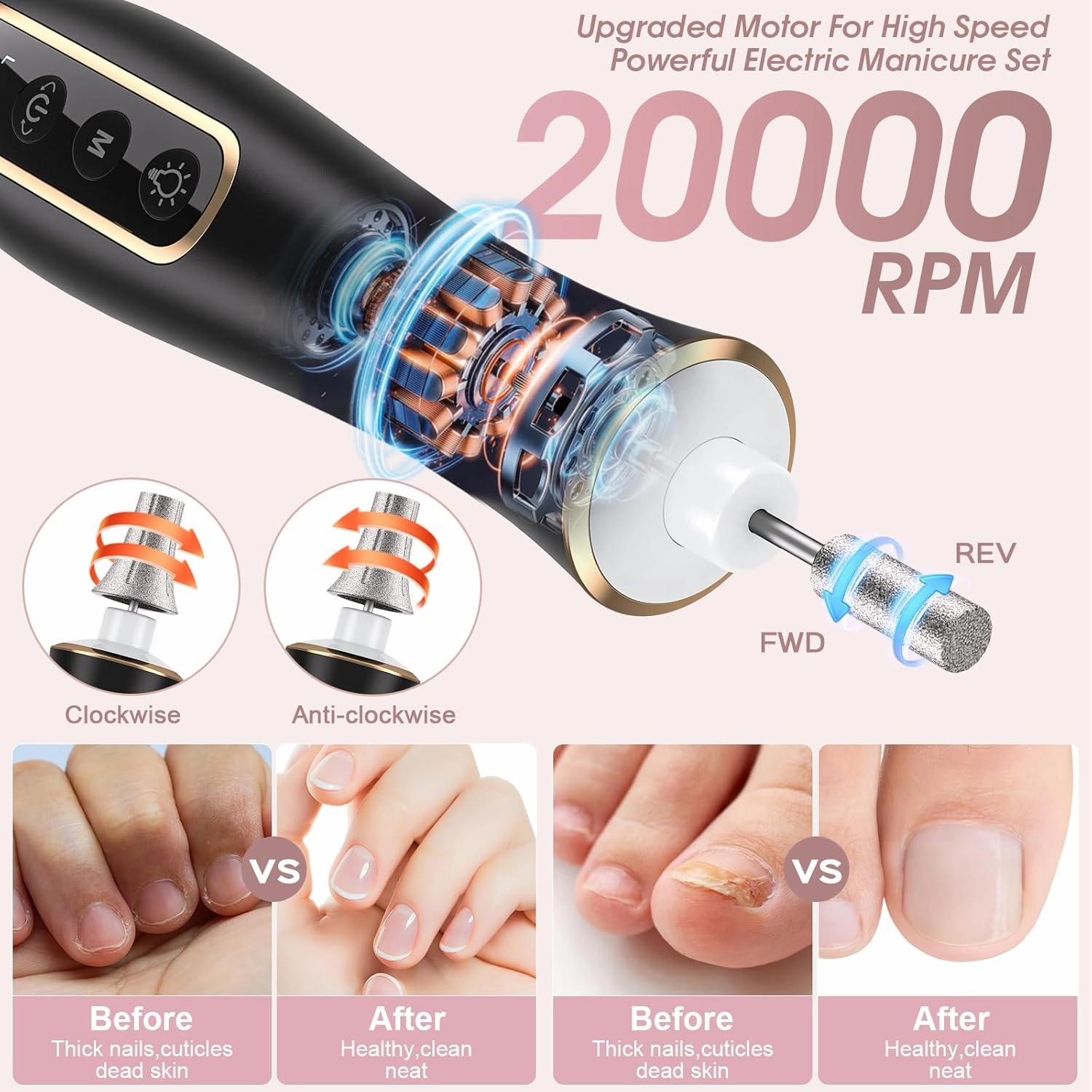 Electric Nail Drill, Professional Manicure Pedicure Kit, Cordless Electric Nail File Set, Rechargeable Pedicure Tools for feet, 10 Speeds Hand Foot Care Nail Drill for -360° LED Light Black