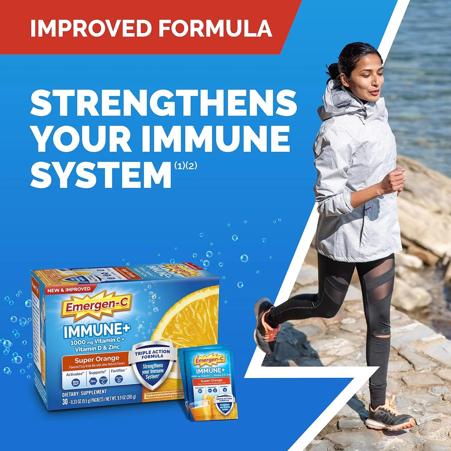 Emergen-C Immune  Triple Action Immune Support Powder, BetaVia (R), 1000mg Vitamin C, B Vitamins, Vitamin D and Antioxidants, Super Orange – 30 Count (Pack of 1)
