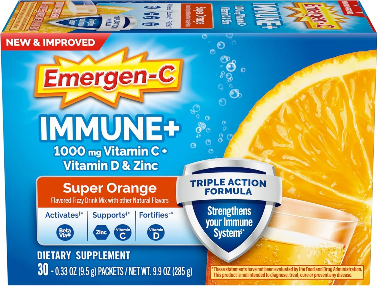 Emergen-C Immune  Triple Action Immune Support Powder, BetaVia (R), 1000mg Vitamin C, B Vitamins, Vitamin D and Antioxidants, Super Orange – 30 Count (Pack of 1)