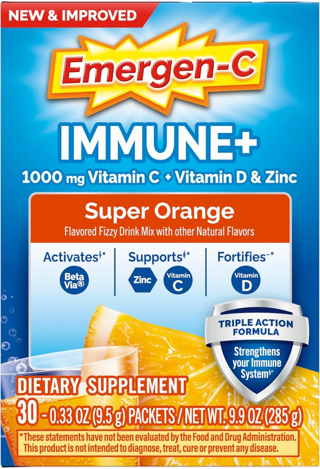 Emergen-C Immune  Triple Action Immune Support Powder, BetaVia (R), 1000mg Vitamin C, B Vitamins, Vitamin D and Antioxidants, Super Orange – 30 Count (Pack of 1)