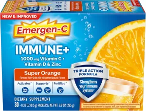 Emergen-C Immune  Triple Action Immune Support Powder, BetaVia (R), 1000mg Vitamin C, B Vitamins, Vitamin D and Antioxidants, Super Orange – 30 Count (Pack of 1)