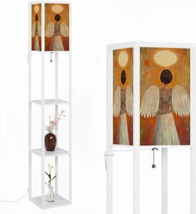 Enchanting Angel Nimbus Warm Color Artwork Floor Lamps with Shelves, Modern Standing Lamp Narrow Corner Display Bookshelf Lamp for Living Room, Bedroom, Office Decor