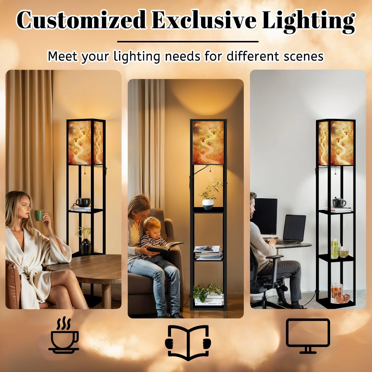 Enchanting Cartoon Angels Celestial Birds Painting Floor Lamps with Shelves, Modern Standing Lamp Narrow Corner Display Bookshelf Lamp for Living Room, Bedroom, Office Decor