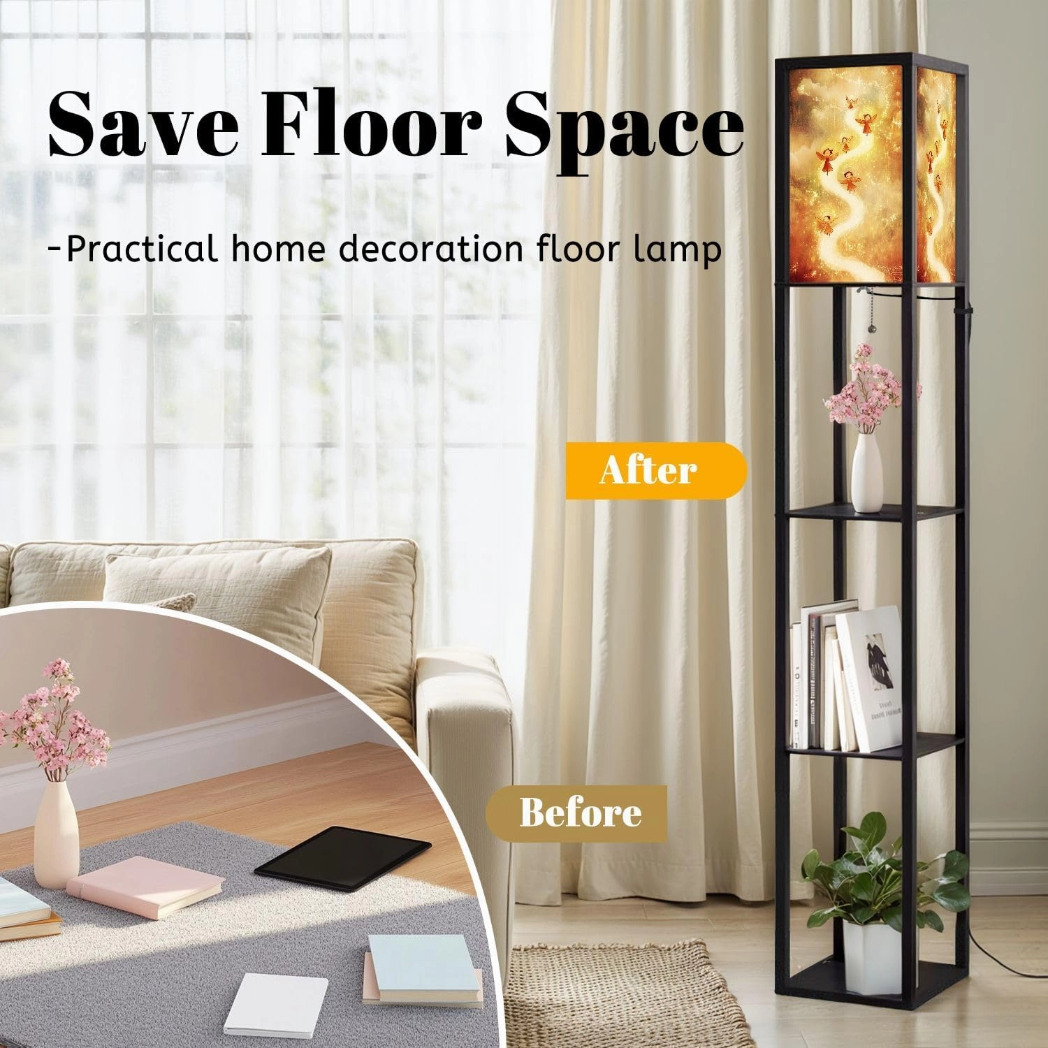 Enchanting Cartoon Angels Celestial Birds Painting Floor Lamps with Shelves, Modern Standing Lamp Narrow Corner Display Bookshelf Lamp for Living Room, Bedroom, Office Decor
