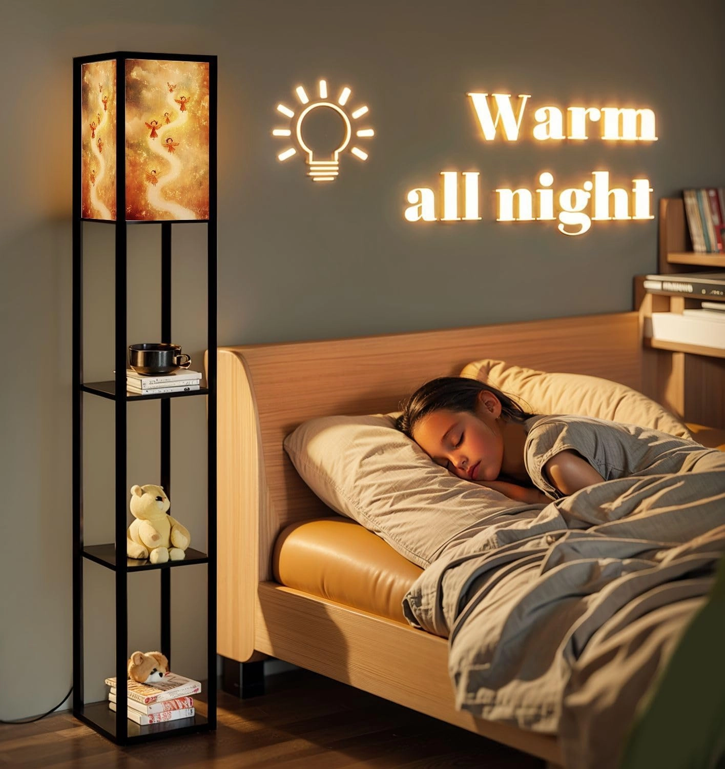 Enchanting Cartoon Angels Celestial Birds Painting Floor Lamps with Shelves, Modern Standing Lamp Narrow Corner Display Bookshelf Lamp for Living Room, Bedroom, Office Decor