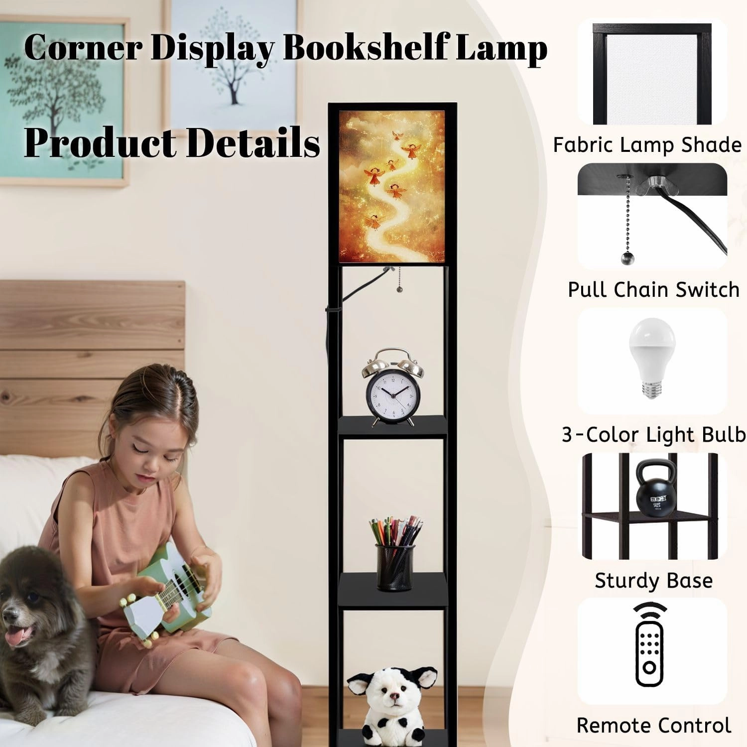 Enchanting Cartoon Angels Celestial Birds Painting Floor Lamps with Shelves, Modern Standing Lamp Narrow Corner Display Bookshelf Lamp for Living Room, Bedroom, Office Decor