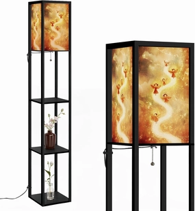 Enchanting Cartoon Angels Celestial Birds Painting Floor Lamps with Shelves, Modern Standing Lamp Narrow Corner Display Bookshelf Lamp for Living Room, Bedroom, Office Decor