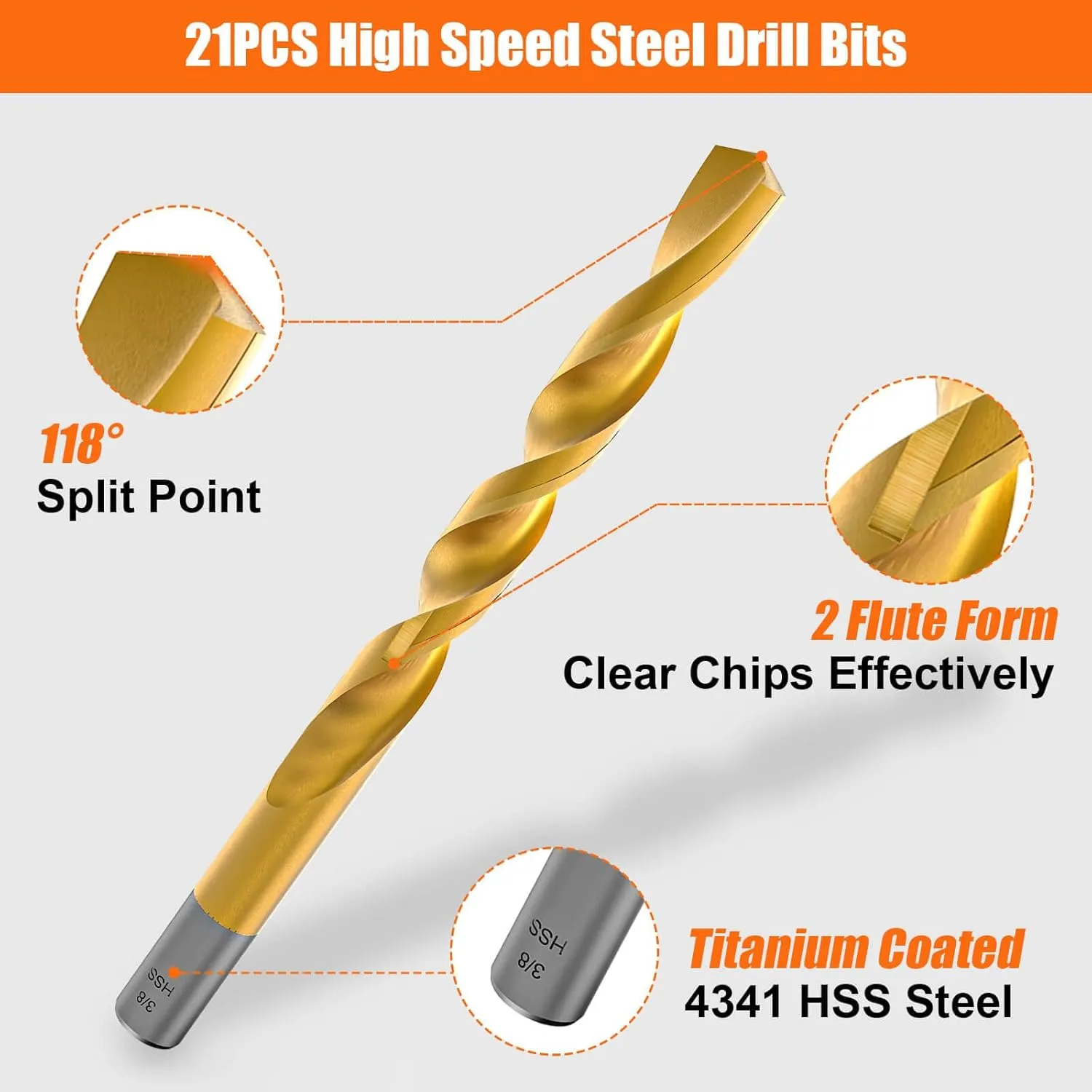 ENERTWIST 21 Pcs Titanium Coated Drill Bit Set, Titanium Twist Wood Drill Bits, 118 Degree Tip High Speed Steel Drill Bit Kit for Wood, Metal, Plastic, Aluminum Alloy with Portable Case, 1/16"-3/8"