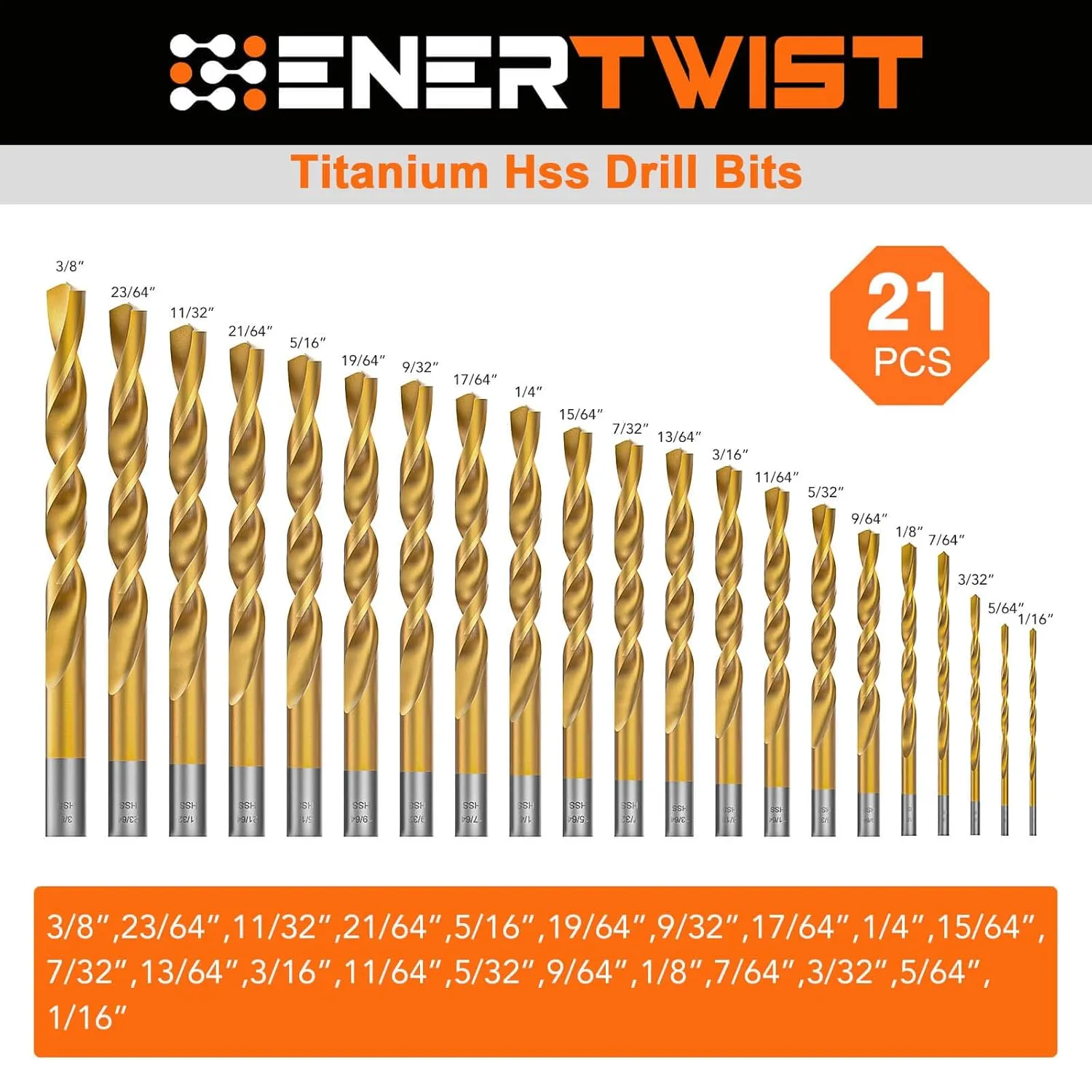 ENERTWIST 21 Pcs Titanium Coated Drill Bit Set, Titanium Twist Wood Drill Bits, 118 Degree Tip High Speed Steel Drill Bit Kit for Wood, Metal, Plastic, Aluminum Alloy with Portable Case, 1/16"-3/8"