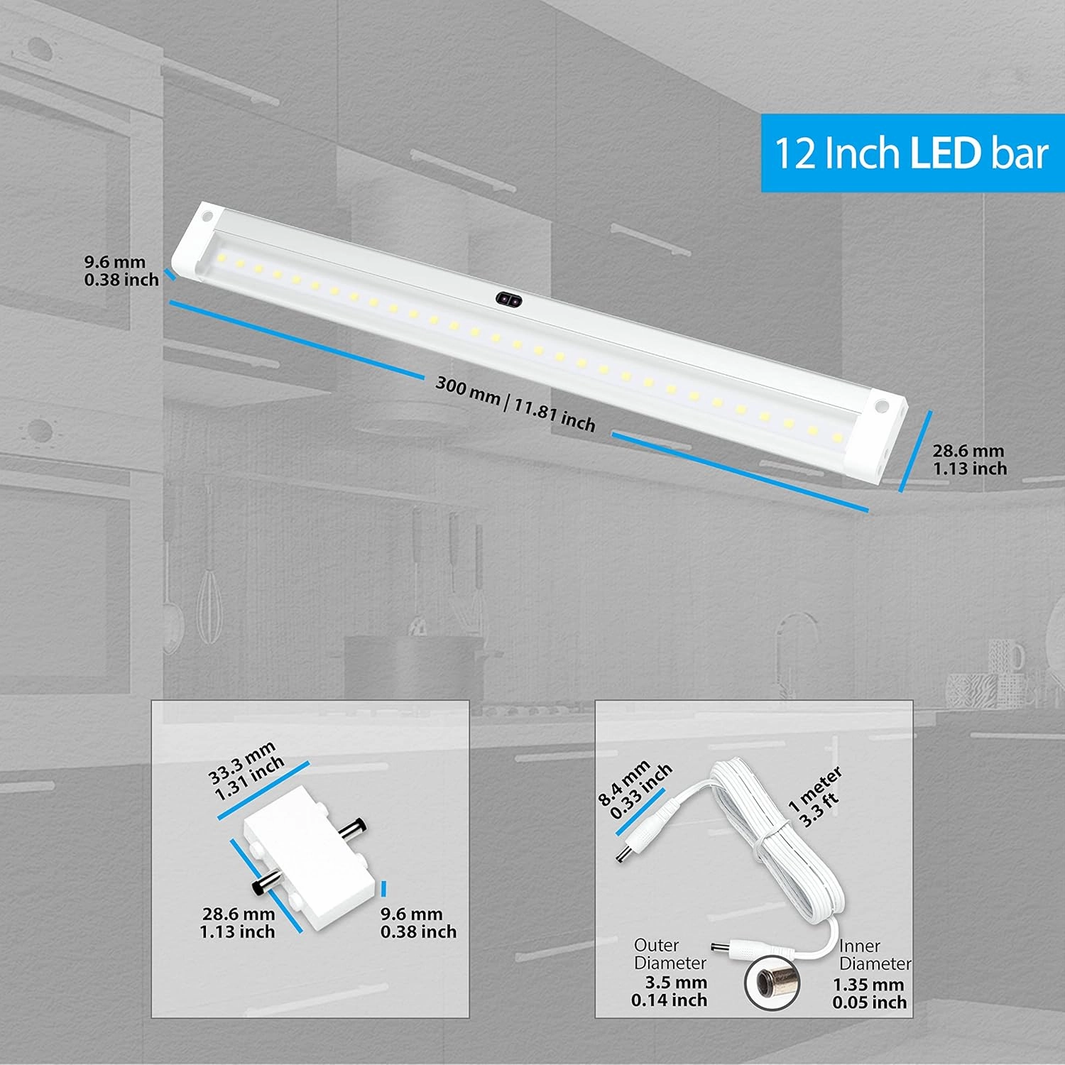 EShine 12 inch LED Dimmable Under Cabinet Lighting Strip with Hand Wave Motion Sensor, White, with Accessories (No Power Supply Included), Warm White (3000K)