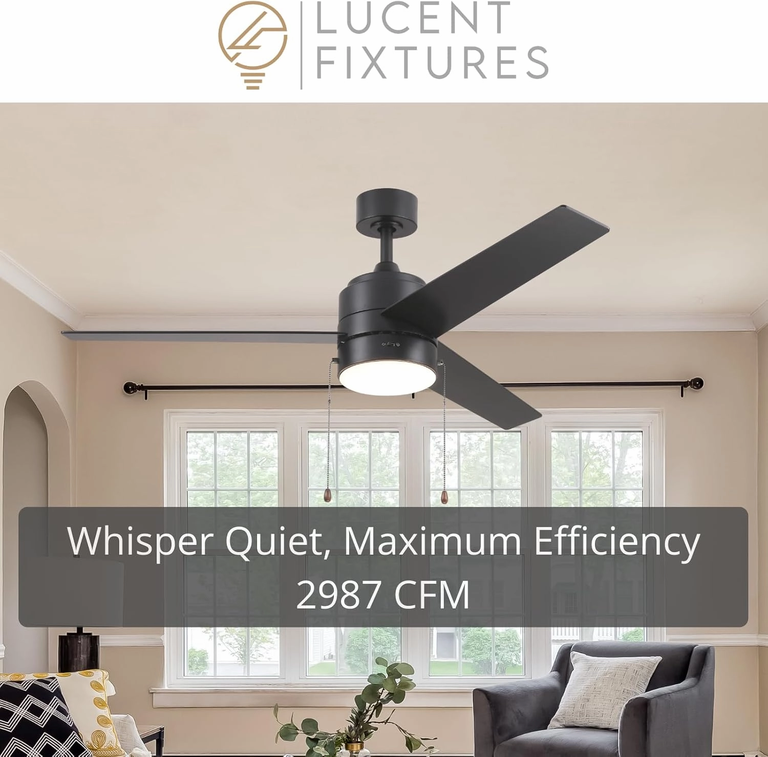 Ethen 52-Inch Ceiling Fan with Light, Ultra-Quiet Motor, Pull Chain Control, Reversible 3-Speed Settings, Modern 3-Blade Design, Great for Bedrooms- Matte Black Ceiling Fan