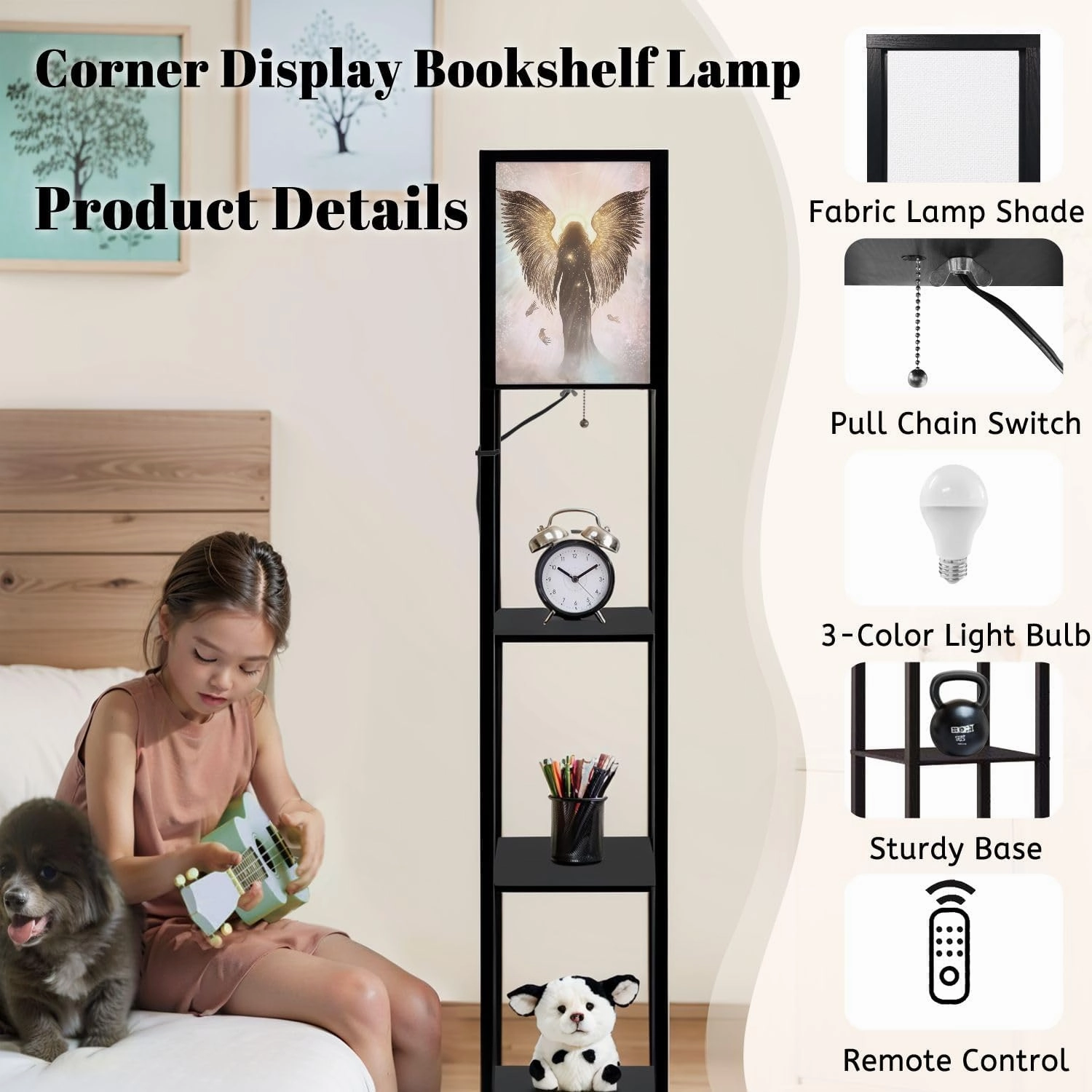 Ethereal Angel Decor Warmth Divinity Vibe Floor Lamps with Shelves, Modern Standing Lamp Narrow Corner Display Bookshelf Lamp for Living Room, Bedroom, Office Decor