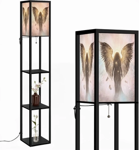 Ethereal Angel Decor Warmth Divinity Vibe Floor Lamps with Shelves, Modern Standing Lamp Narrow Corner Display Bookshelf Lamp for Living Room, Bedroom, Office Decor
