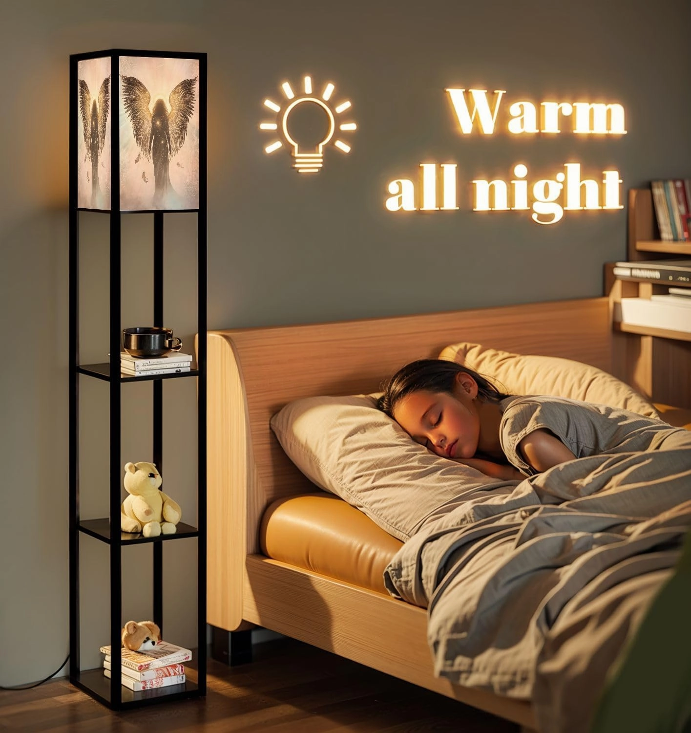 Ethereal Angel Decor Warmth Divinity Vibe Floor Lamps with Shelves, Modern Standing Lamp Narrow Corner Display Bookshelf Lamp for Living Room, Bedroom, Office Decor