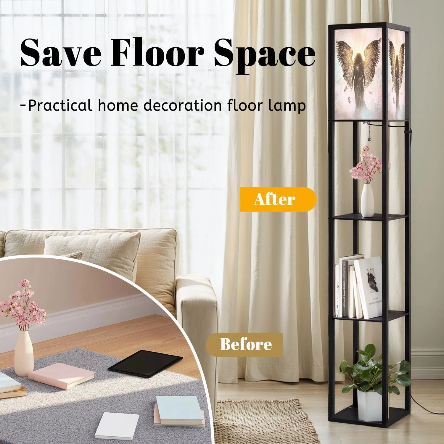 Ethereal Angel Decor Warmth Divinity Vibe Floor Lamps with Shelves, Modern Standing Lamp Narrow Corner Display Bookshelf Lamp for Living Room, Bedroom, Office Decor