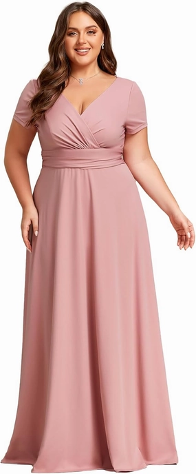 Ever-Pretty Women's Plus Size Generous Ruched V Neck Short Sleeves Long A Line Formal Evening Dress 01730-DA