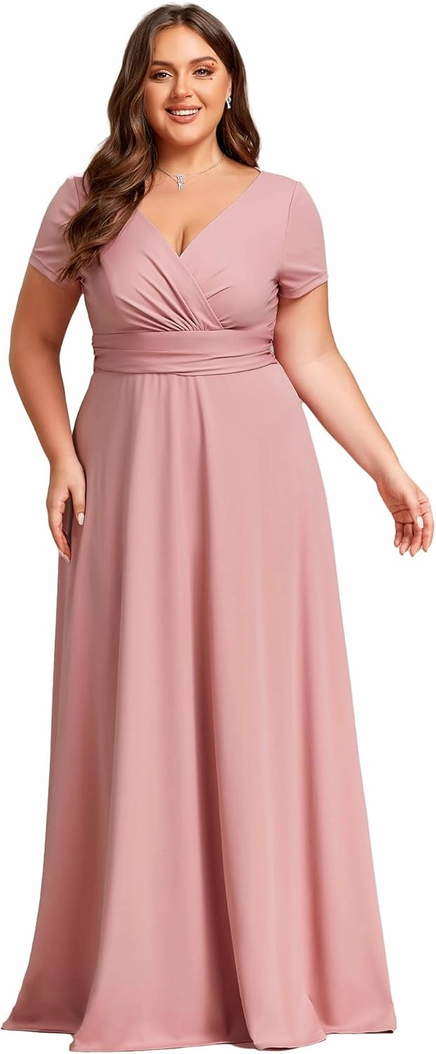 Ever-Pretty Women's Plus Size Generous Ruched V Neck Short Sleeves Long A Line Formal Evening Dress 01730-DA