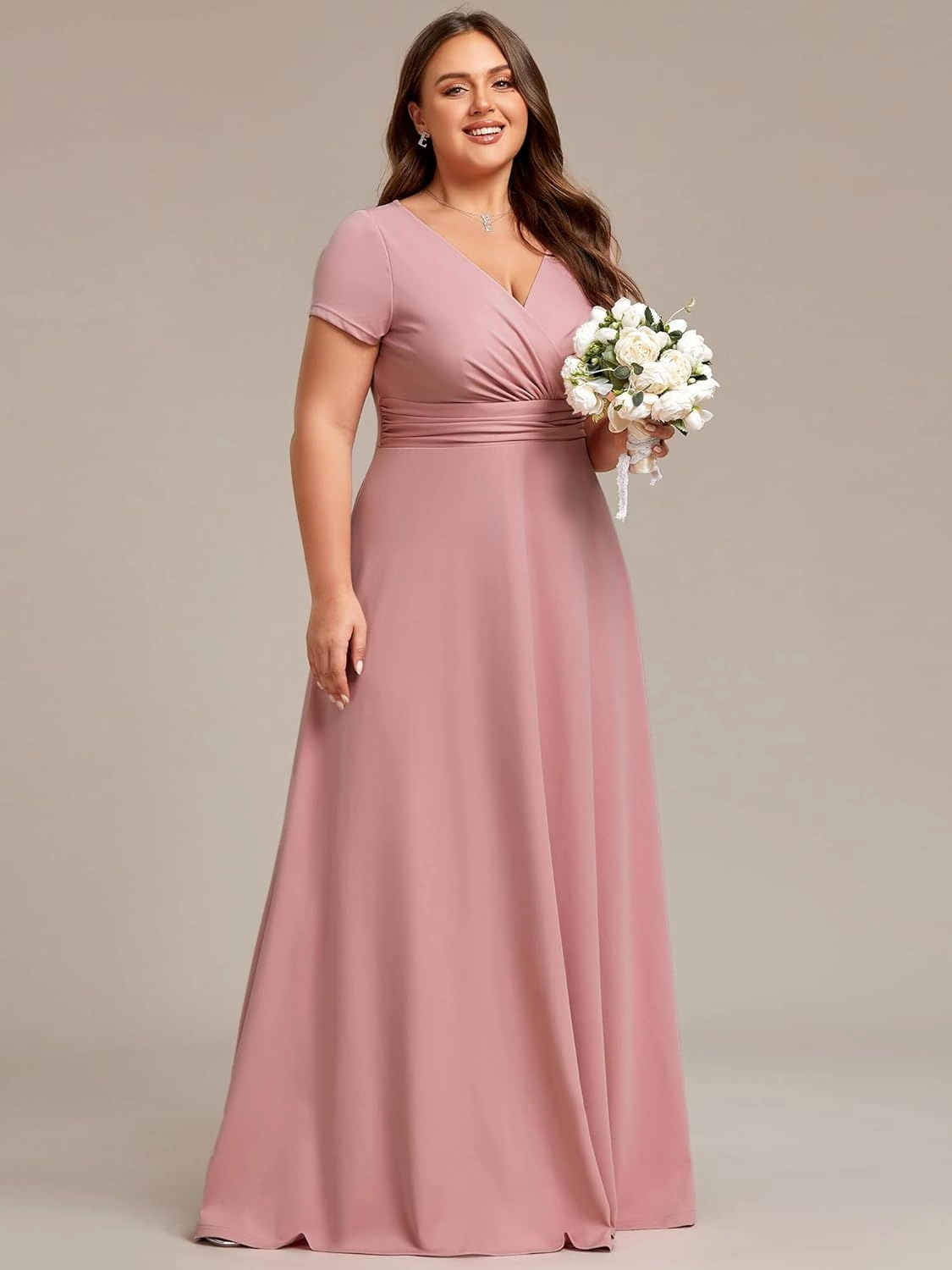 Ever-Pretty Women's Plus Size Generous Ruched V Neck Short Sleeves Long A Line Formal Evening Dress 01730-DA