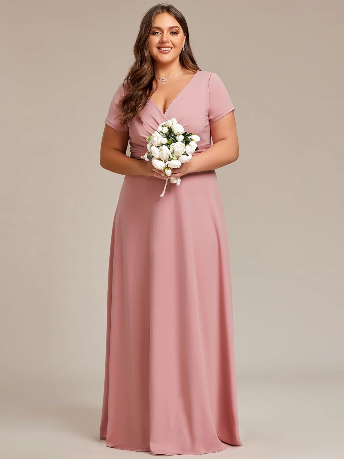 Ever-Pretty Women's Plus Size Generous Ruched V Neck Short Sleeves Long A Line Formal Evening Dress 01730-DA