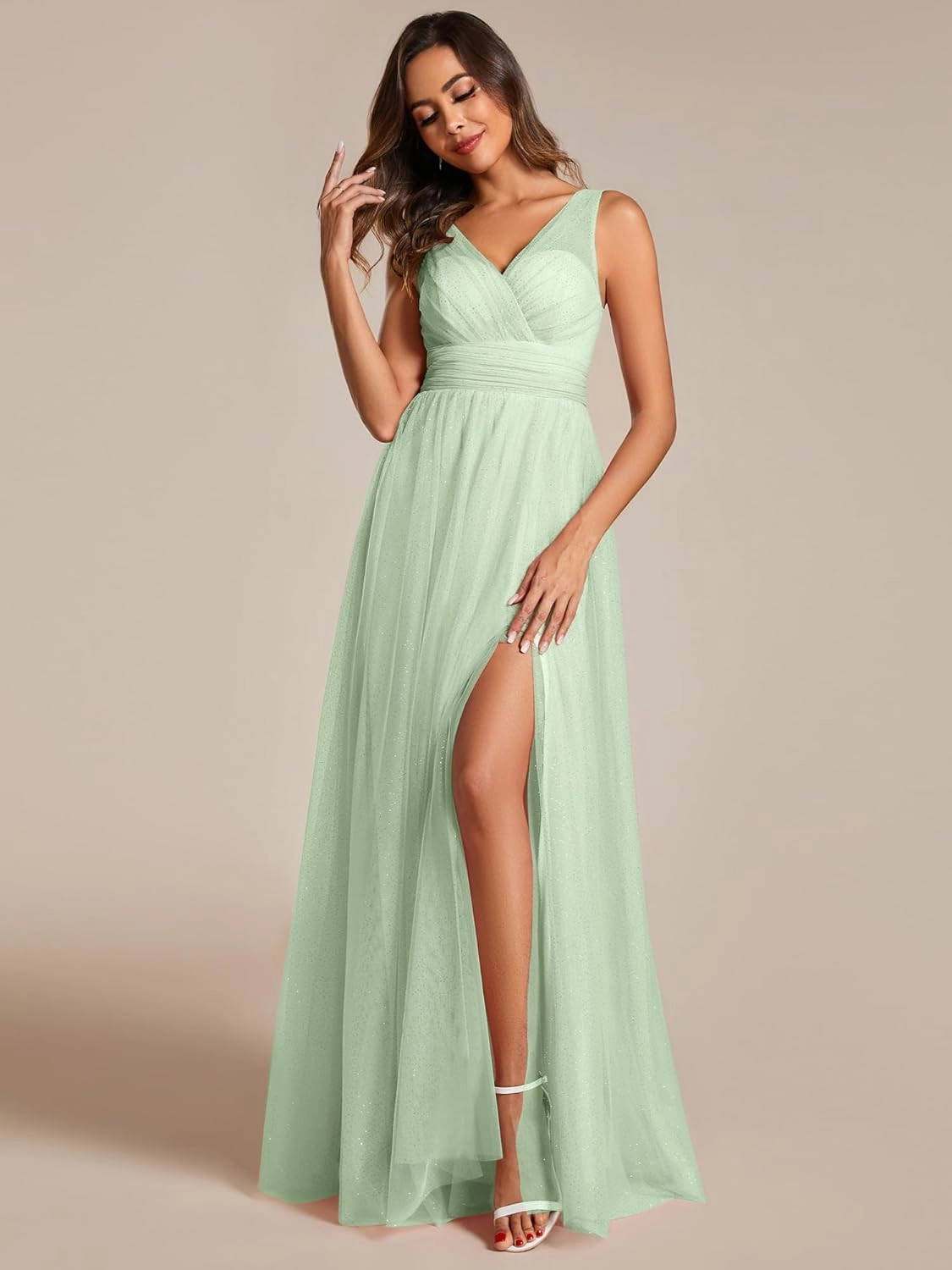 Ever-Pretty Women's Sleeveless V Neck A Line Glitter Floor Length Split Formal Dresses S0014