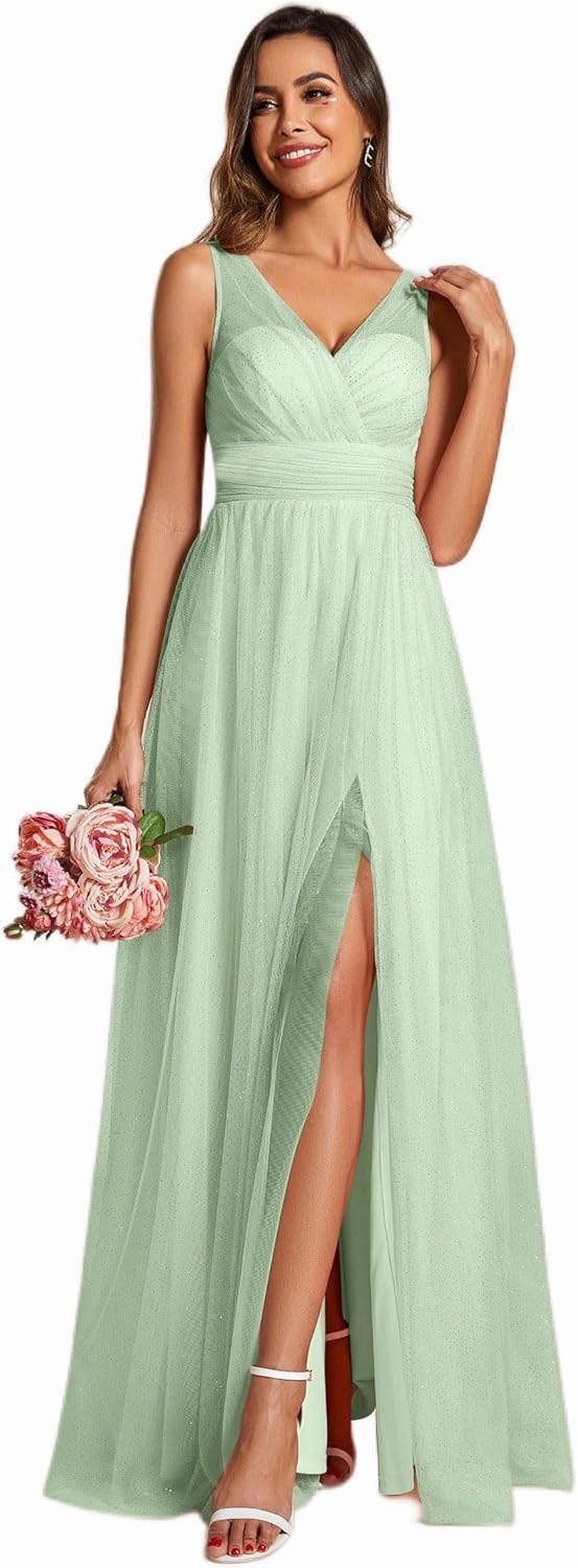 Ever-Pretty Women's Sleeveless V Neck A Line Glitter Floor Length Split Formal Dresses S0014
