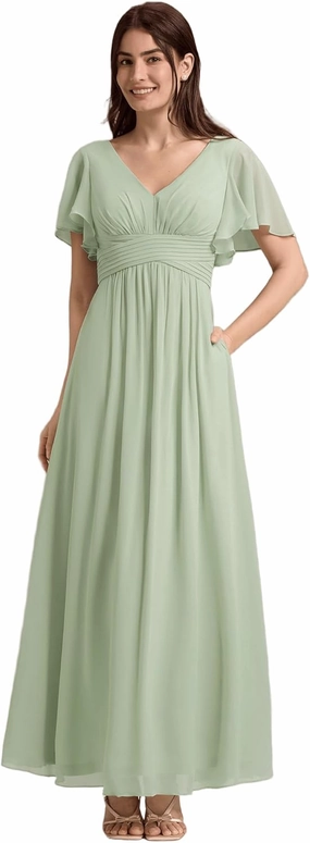 Ever-Pretty Women's Summer V Neck Chiffon Pleated Empire Waist Bandage Bridesmaid Dress with Pockets 02360