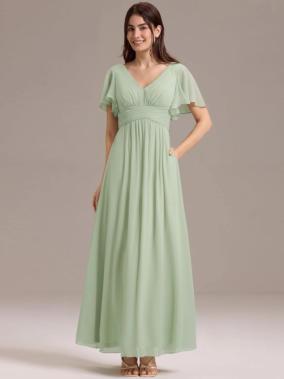 Ever-Pretty Women's Summer V Neck Chiffon Pleated Empire Waist Bandage Bridesmaid Dress with Pockets 02360