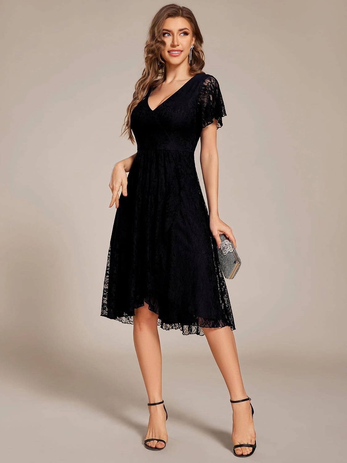 Ever-Pretty Women's V Neck Short Sleeves Lace A Line Hi-Lo Midi Semi Formal Dress 02489