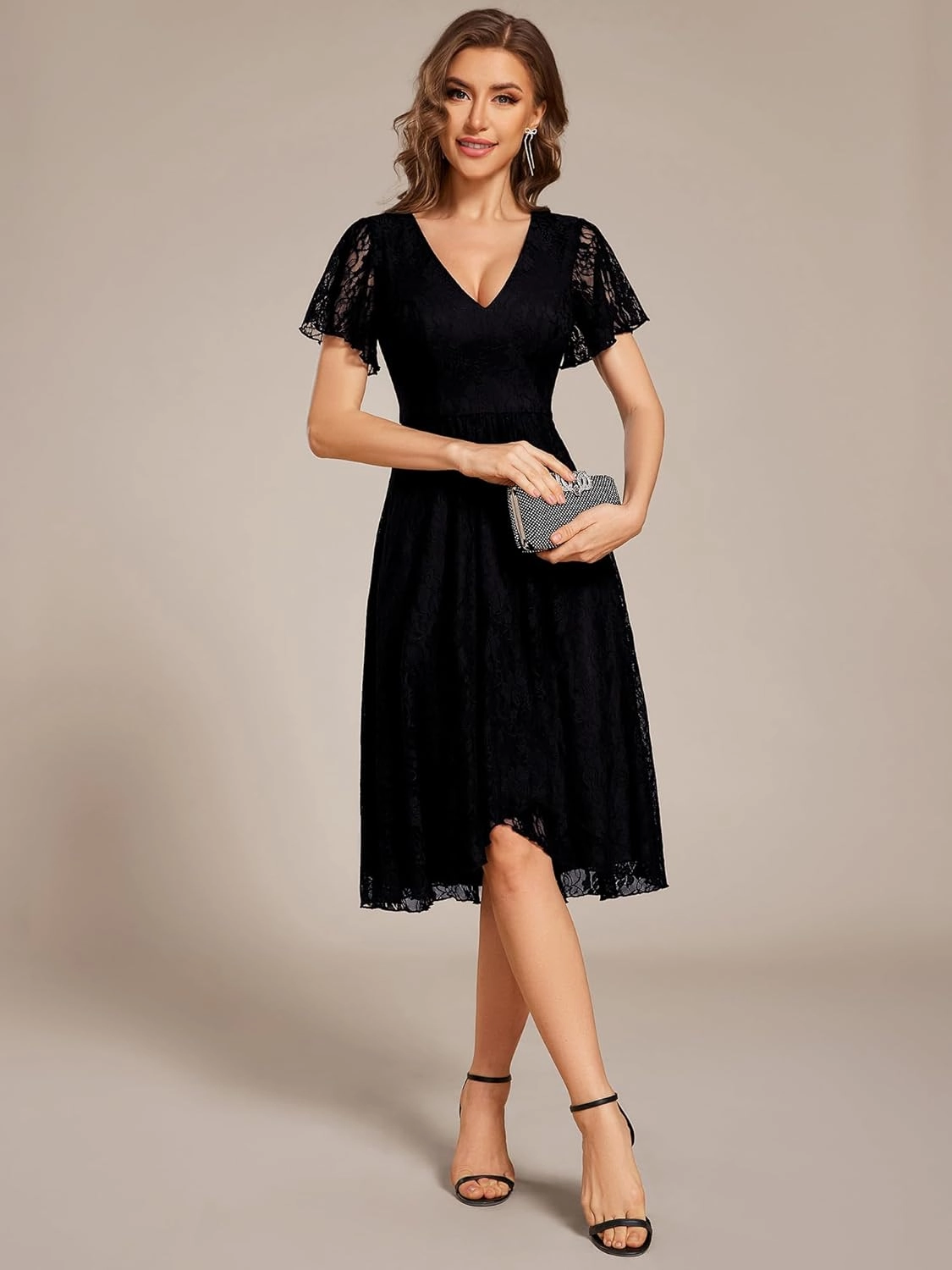 Ever-Pretty Women's V Neck Short Sleeves Lace A Line Hi-Lo Midi Semi Formal Dress 02489