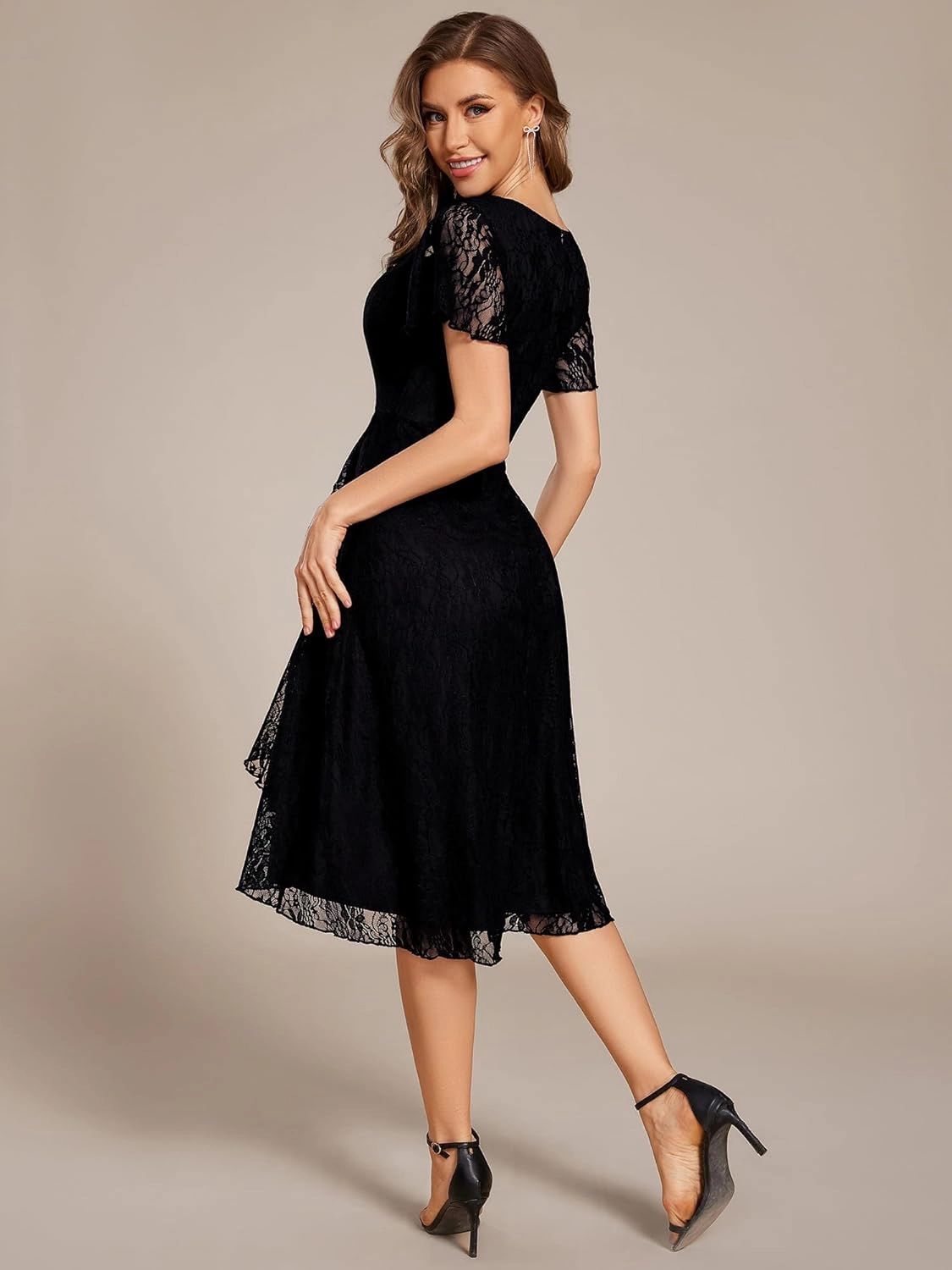 Ever-Pretty Women's V Neck Short Sleeves Lace A Line Hi-Lo Midi Semi Formal Dress 02489