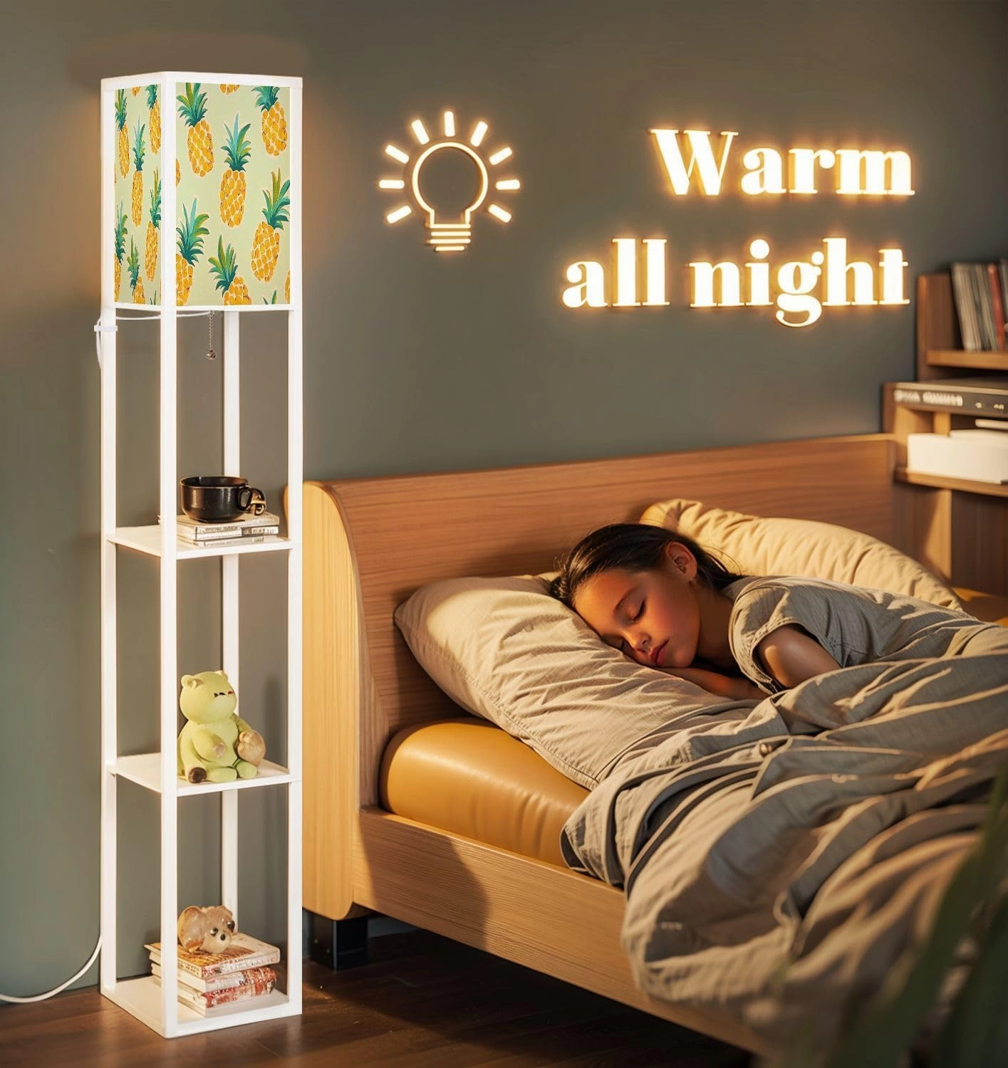 Exotic Fruits Blue Seamless Pineapples Blue Polka dots Yellow Floor Lamps with Shelves, Modern Standing Lamp Narrow Corner Display Bookshelf Lamp for Living Room, Bedroom, Office Decor