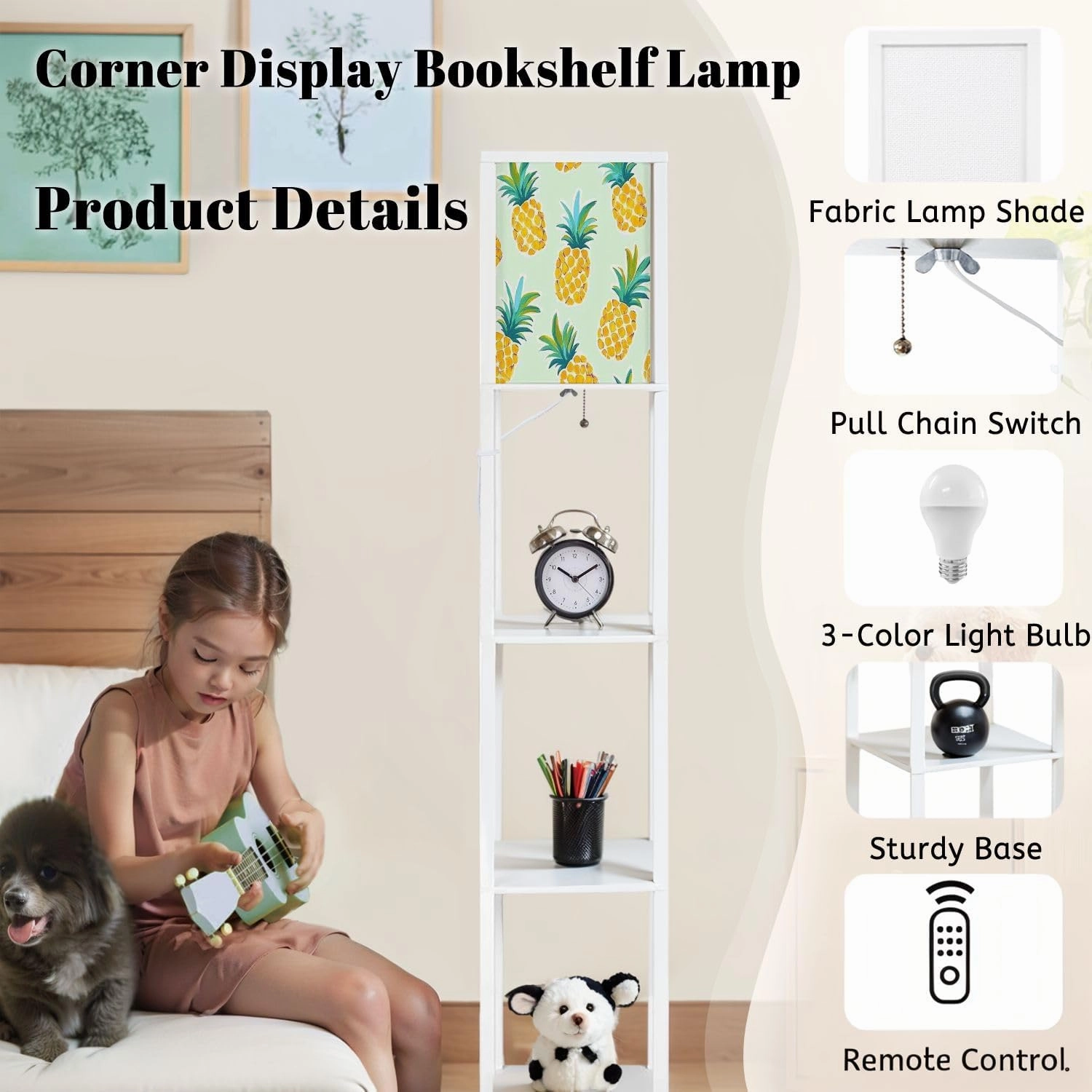 Exotic Fruits Blue Seamless Pineapples Blue Polka dots Yellow Floor Lamps with Shelves, Modern Standing Lamp Narrow Corner Display Bookshelf Lamp for Living Room, Bedroom, Office Decor