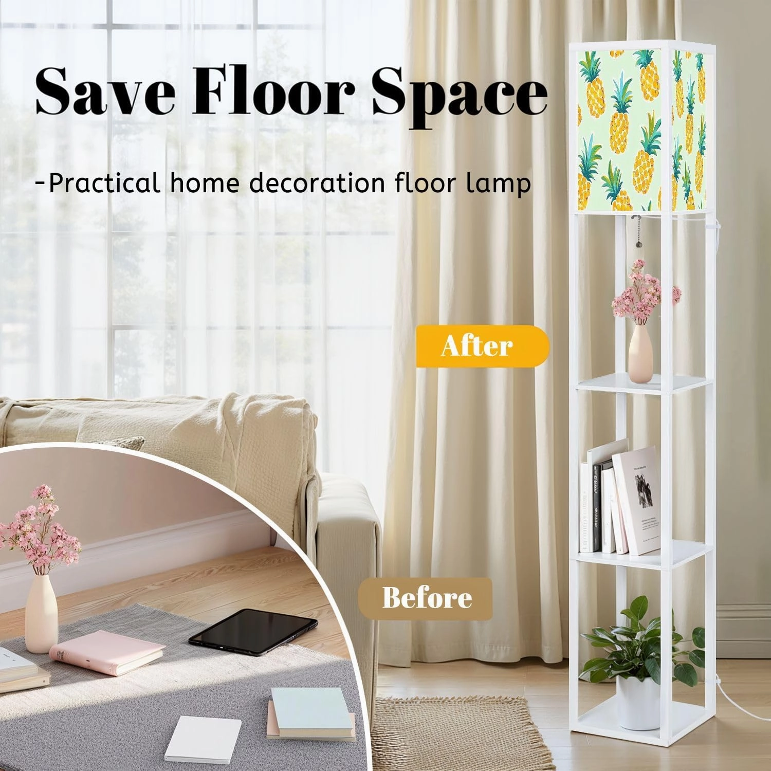 Exotic Fruits Blue Seamless Pineapples Blue Polka dots Yellow Floor Lamps with Shelves, Modern Standing Lamp Narrow Corner Display Bookshelf Lamp for Living Room, Bedroom, Office Decor