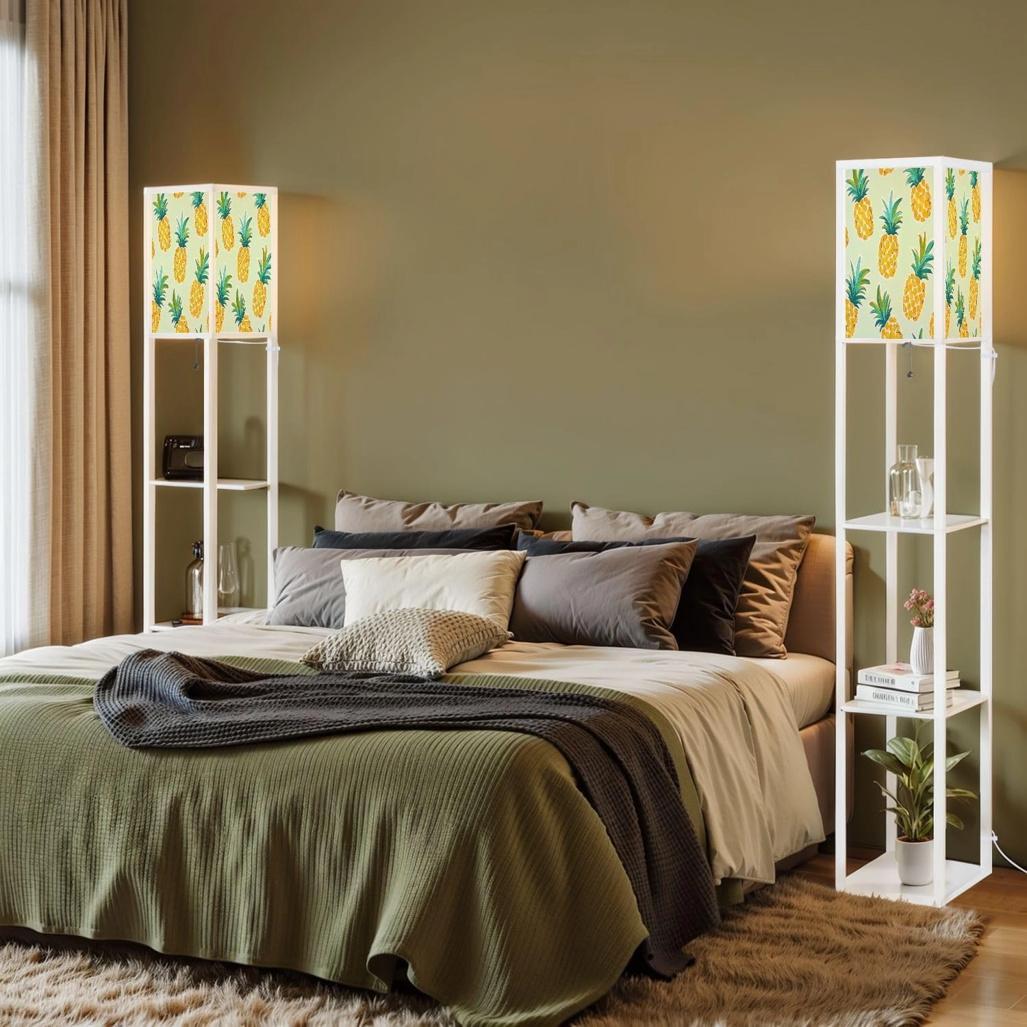 Exotic Fruits Blue Seamless Pineapples Blue Polka dots Yellow Floor Lamps with Shelves, Modern Standing Lamp Narrow Corner Display Bookshelf Lamp for Living Room, Bedroom, Office Decor