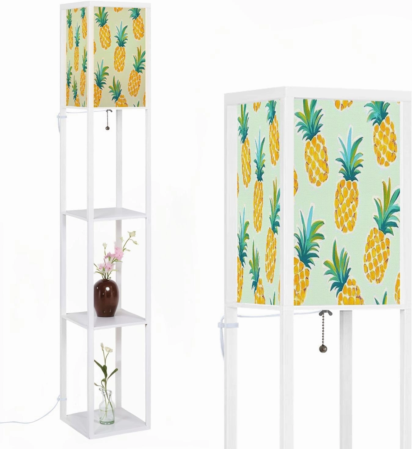 Exotic Fruits Blue Seamless Pineapples Blue Polka dots Yellow Floor Lamps with Shelves, Modern Standing Lamp Narrow Corner Display Bookshelf Lamp for Living Room, Bedroom, Office Decor