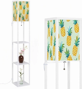 Exotic Fruits Blue Seamless Pineapples Blue Polka dots Yellow Floor Lamps with Shelves, Modern Standing Lamp Narrow Corner Display Bookshelf Lamp for Living Room, Bedroom, Office Decor