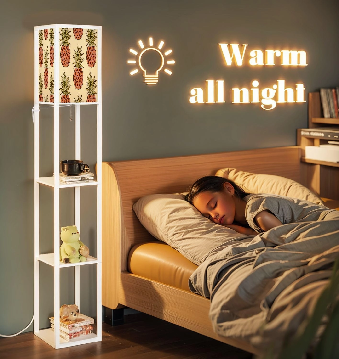 Exotic Seamless Tropical Fruit Pineapples Food Repeating Abstract Floor Lamps with Shelves, Modern Standing Lamp Narrow Corner Display Bookshelf Lamp for Living Room, Bedroom, Office Decor