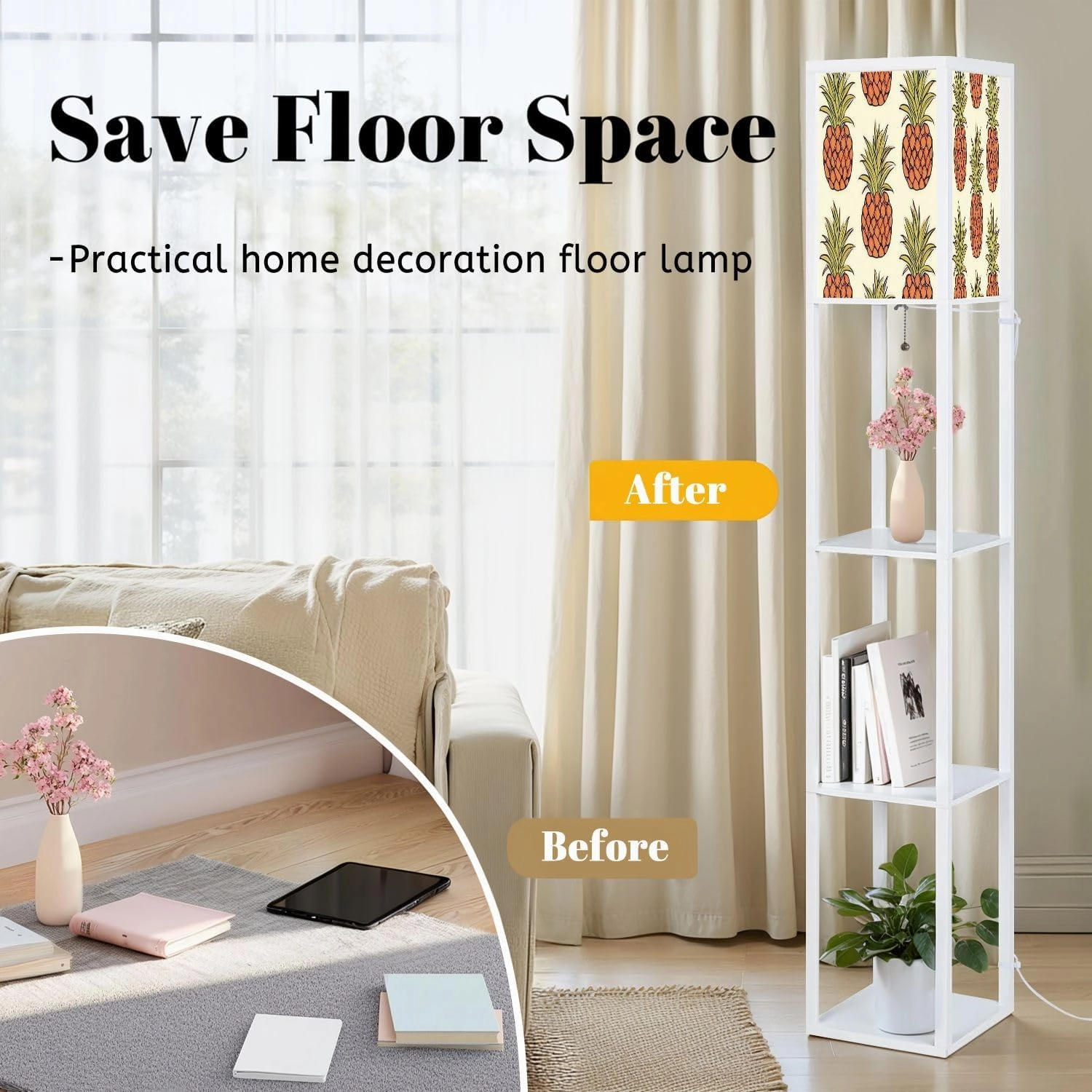 Exotic Seamless Tropical Fruit Pineapples Food Repeating Abstract Floor Lamps with Shelves, Modern Standing Lamp Narrow Corner Display Bookshelf Lamp for Living Room, Bedroom, Office Decor