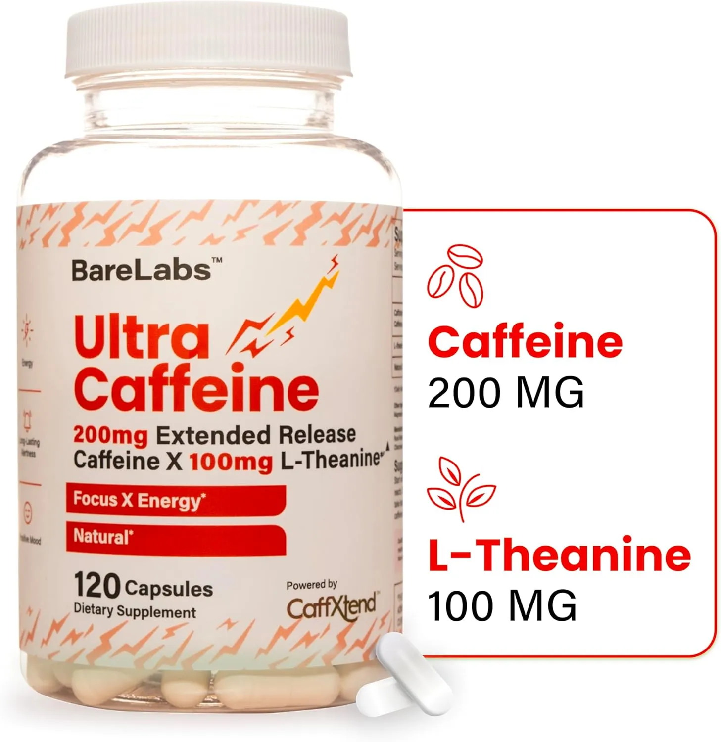 Extended Release Caffeine Pills   Caffeine L-Theanine - Focus & Energy Supplement - No Jitters, No Crash - Natural - 120 Capsules