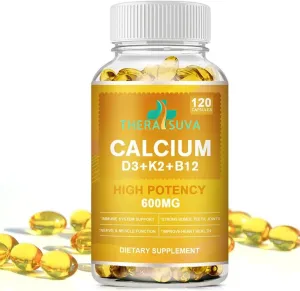 Extra Strength 4-in-1 Calcium 600mg   Vitamin D3 5000iu   K2   B12 Natural Supplement Complex for Bone and Immune Health, 120 Softgels, 60 Day Supply