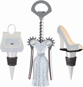 FASHION WINE SET 3PCS. WINGED CORKSCREW, HIGH HEEL WINE STOPPER, PURSE WINE STOPPER. FASHION WINE GIFT SET. WHITE AND SILVER, GLITTER
