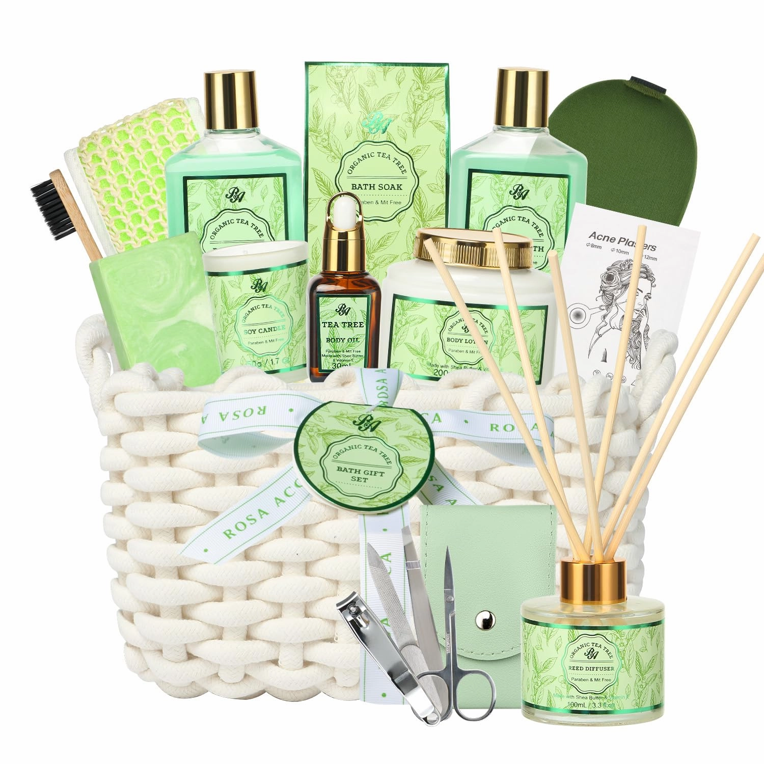 Father's Day Gift Set, Spa Gift Set for Women & Men, 15pcs Spa Basket Set -Tea Tree Scented- includes Body Wash, Parfume Lotion, Bubble Bath, Bath Soak, Manicure Set, Gifts for Dad, Birthday Gifts
