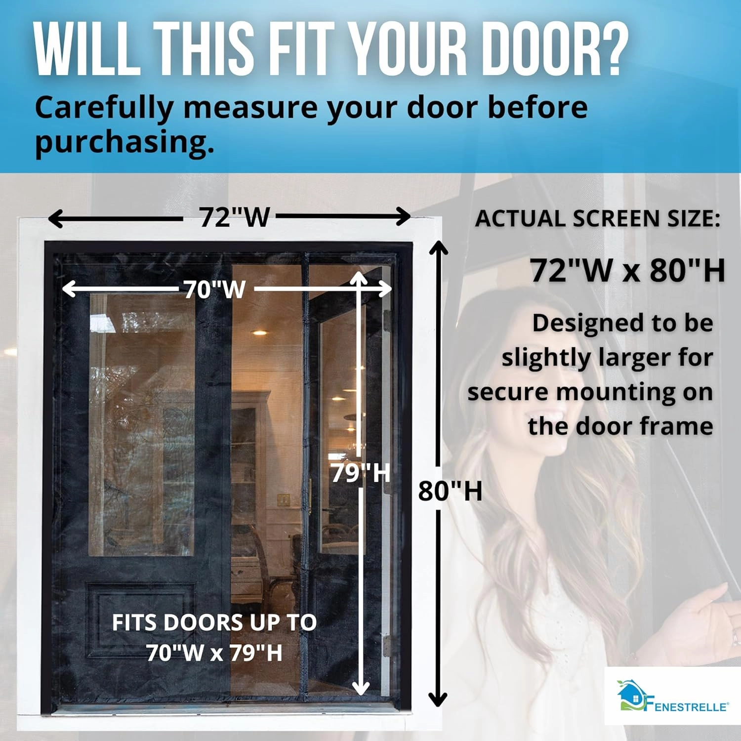 Fenestrelle Magnetic Screen Door for French & Sliding Door, Large Pet & Kids, Keep Bugs Out, Heavy Fiberglass Mesh, Self Closing Continuous Magnetic Seal (Fits Door Size 70"x80", Black Trim)