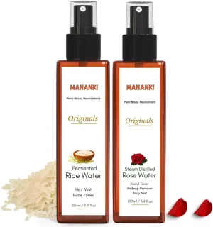Fermented Rice Water and Rose Water Facial Toner Set, 3.4 fl oz, Plant-Based Hair and Face Mist, Makeup Remover