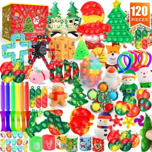 Fidget Toys Set, 120 Pack Christmas Party Favors Keychain Its for Kids Adults, Mini Push Bubble Pops Bulk Sensory Toys, Birthday Gifts Classroom Prizes for Boys Girls Goodie Bag Treasure Chest Box