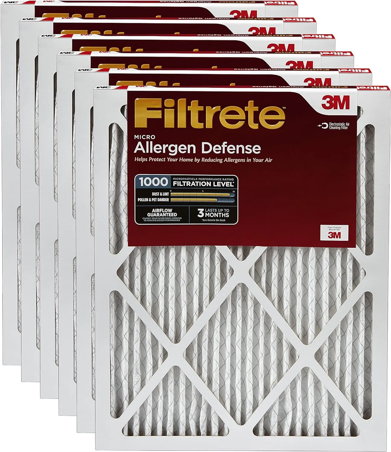 Filtrete AD23-6PK-2E MPR 1000 14 x 24 x 1 Micro Allergen Defense HVAC Air Filter, Guaranteed Airflow up to 90 days, 6-Pack, 6 Count (Pack of 1)
