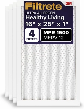 Filtrete 16x25x1 AC Furnace Air Filter, MERV 12, MPR 1500, CERTIFIED Asthma & Allergy Friendly, 3-Month Pleated 1-Inch Electrostatic Air Cleaning Filter, 4-Pack (Actual Size 15.68x24.68x0.81 in)