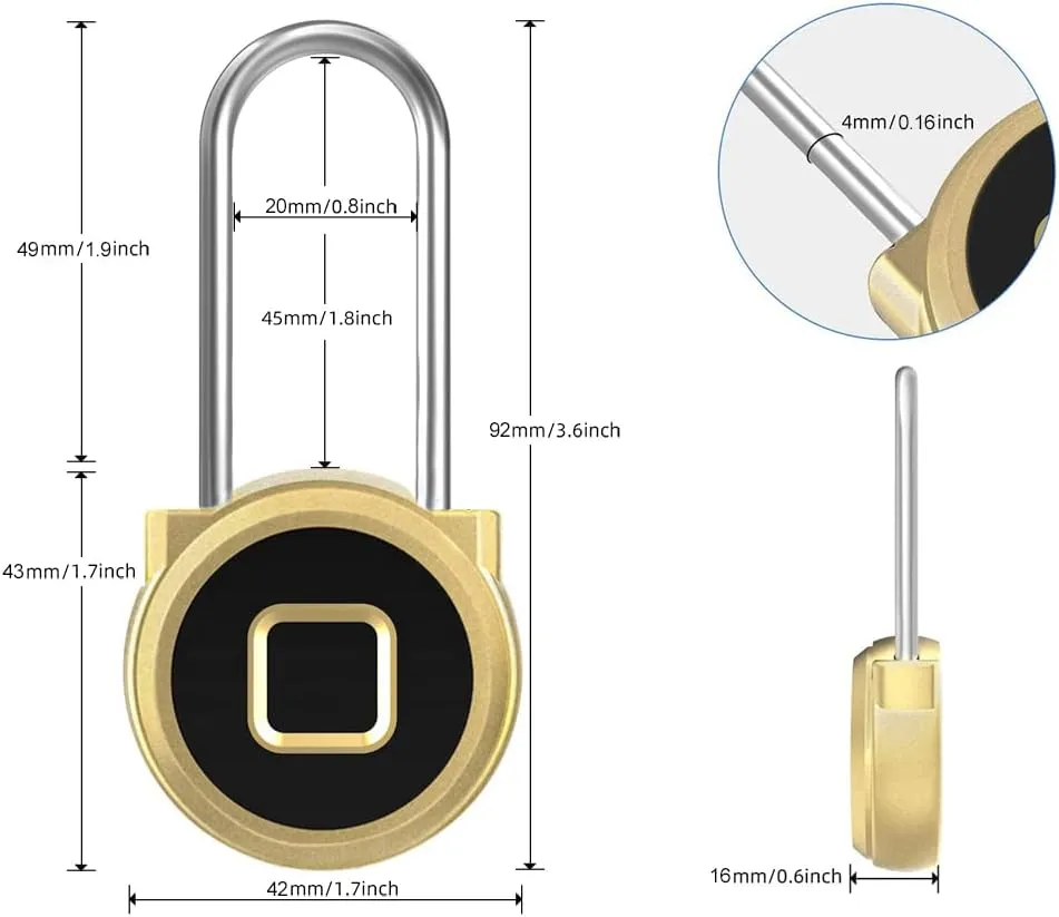 Fingerprint Padlock eLinkSmart Long Padlock with 45MM Shackle Weatherproof 1000 App User Combination Locker Lock for Gym Locker Fence Garden Cupboard Cabinet Gold